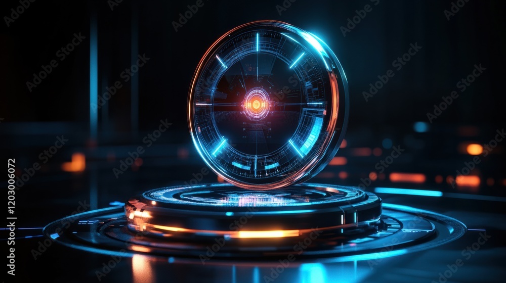 Poster a futuristic 3d clock with holographic glowing elements and a circular base, set on a dark backgroun