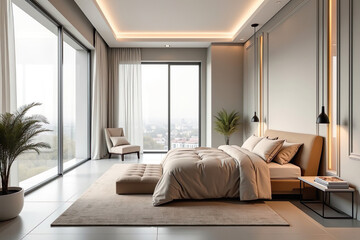 Modern Luxury Bedroom with Panoramic Windows and Elegant Gold-Edged Double Bed