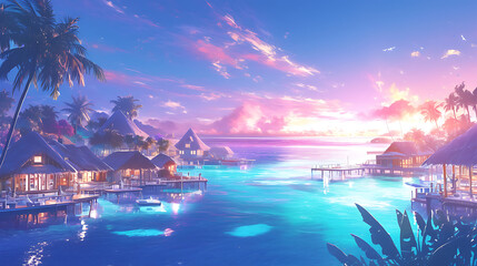 Fototapeta premium Serene sunset over tropical resort with overwater bungalows and vibrant sky reflecting on water