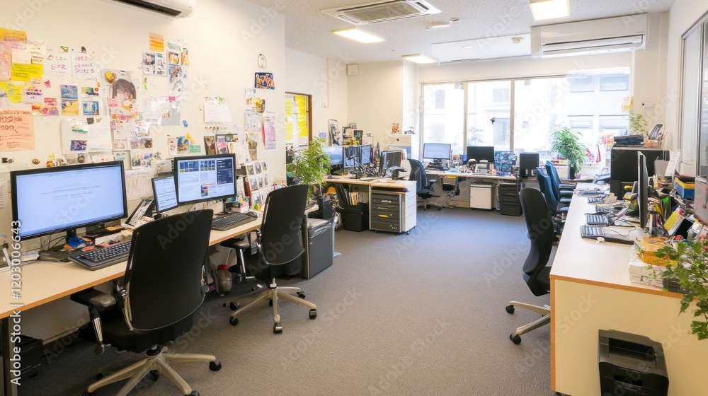 Poster Busy Office Workspace With Multiple Computers And Papers