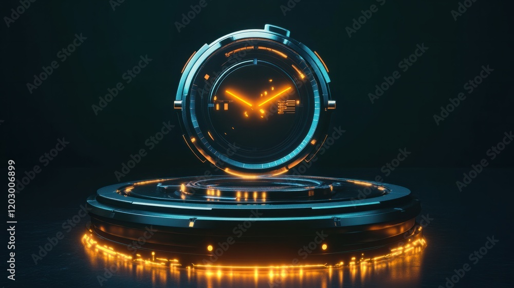 Poster a futuristic 3d clock with holographic glowing elements and a circular base, set on a dark backgroun