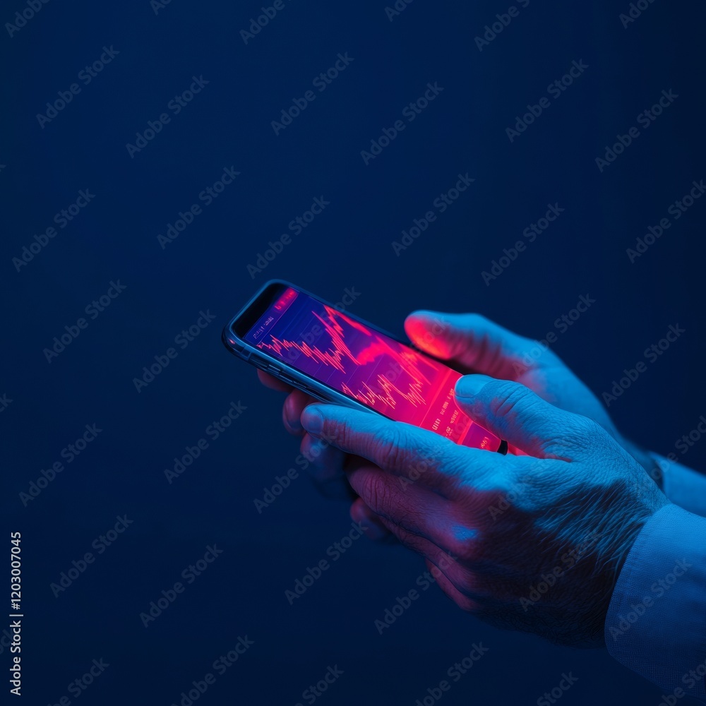 Aufkleber futuristic finance visualization hands holding smartphone displaying crypto trading interface on blu