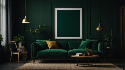 Mock up poster in the interior of the living room with a green wall and sofa. wooden parquet. 3d rendering