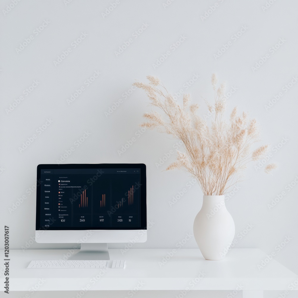 Poster minimalist e-governance workspace sleek desktop displaying government portal data on white desk for 