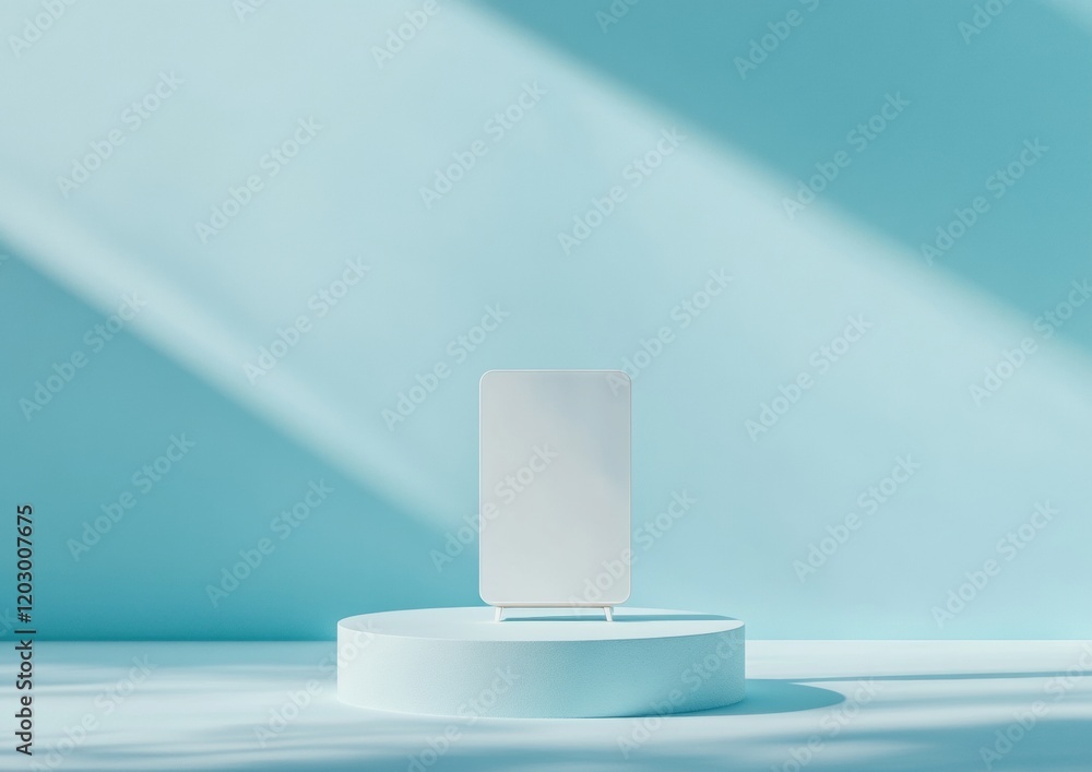 Poster sleek minimalist portable privacy screen with integrated monitor on light blue platform - enhance re