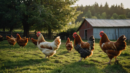 rooster and chickens graze on green grass. Livestock in the village.