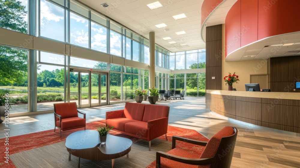 Poster Modern Office Lobby with Large Windows and Comfortable Seating