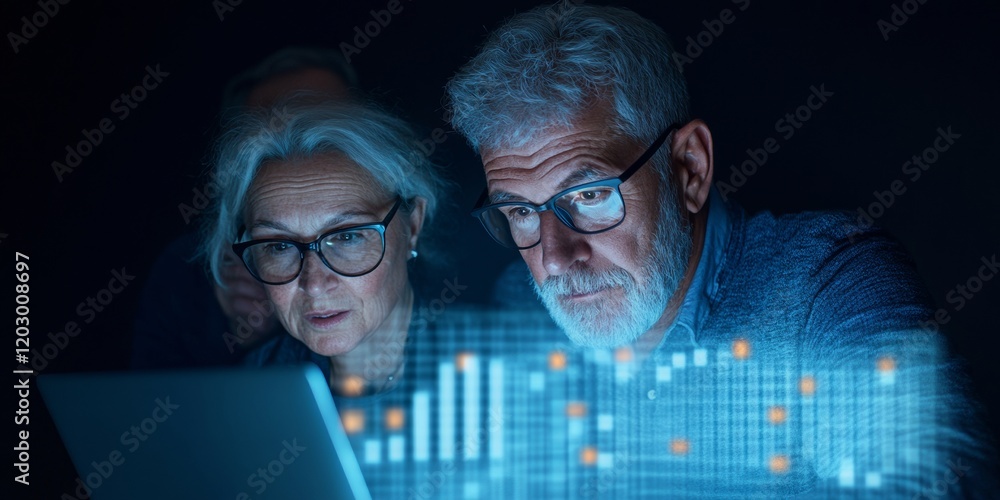 Poster Futuristic Data Analytics Platform Silver-Haired Professionals Engaged with Interactive Holographic Graphs on Laptops - Business Innovation and Tech-Driven Strategy for Senior Workforce