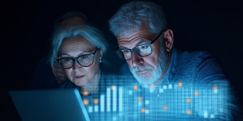 Futuristic Data Analytics Platform Silver-Haired Professionals Engaged with Interactive Holographic Graphs on Laptops - Business Innovation and Tech-Driven Strategy for Senior Workforce