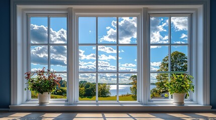 Sunny lake view through window with plants