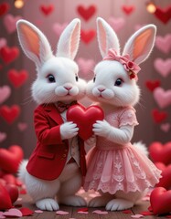 Obraz premium A pair of bunnies posing romantically, holding a red heart. Perfect for Valentine's cards, product designs, or other creative projects that convey a message of love and affection.