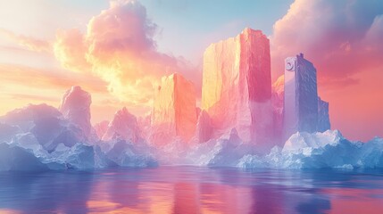 Pastel sunset over icy, craggy mountains.