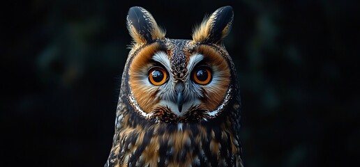 Fototapeta premium Close up portrait of an owl with striking orange eyes and feathered ears