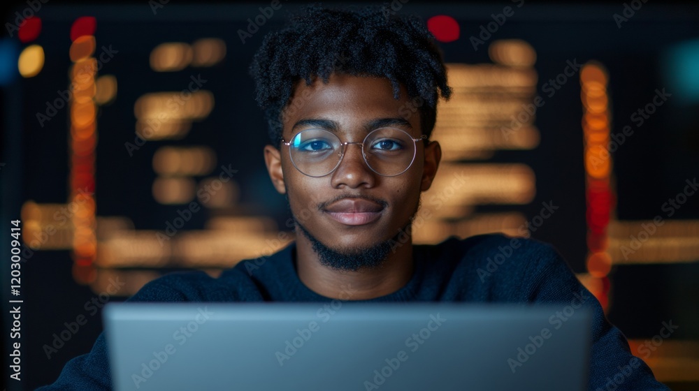 Poster Minimalist Tech Workspace Portrait Young Developer with Laptop in Dimly Lit Environment - Enhancing Modern Coding Culture and Digital Innovation Content