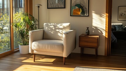 Modern armchair in sunlit room with wooden floor