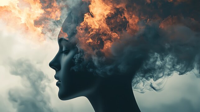 A woman's face is shown with smoke and fire surrounding her head