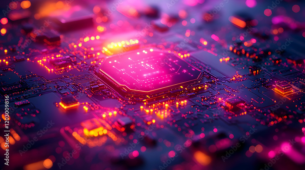 Aufkleber close-up of a glowing circuit board with a central processor, showcasing intricate technological det