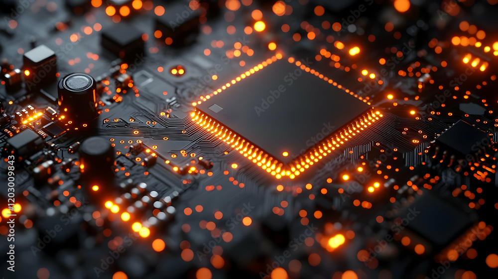 Poster close-up view of a glowing microchip on a circuit board, showcasing intricate details and technologi