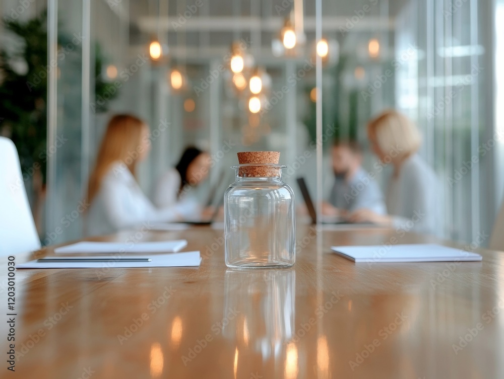 Poster scandinavian minimalism glass jar on light wood table in modern office - enhancing workspace aesthet
