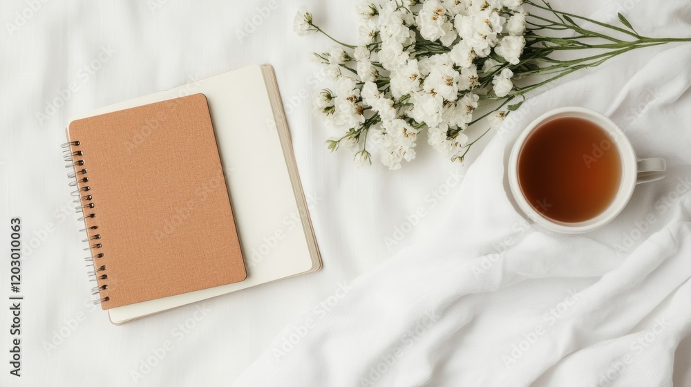 Poster minimalist desk setting tan spiral notebook with white flowers and tea on textured fabric - elegant 