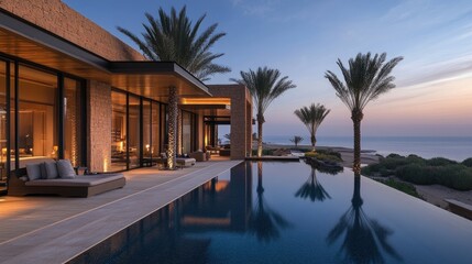 Fototapeta premium Modern Coastal Villa with Infinity Pool at Sunset