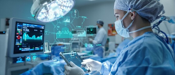 Doctor Utilizing Advanced Digital Tablet Technology in Modern Healthcare. Medical Professional in Operating Room Analyzing Real-Time Patient Data, Cutting-Edge Medical Innovations and solutions.