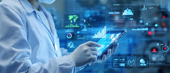 Doctor Utilizing Advanced Digital Tablet Technology in Modern Healthcare. Medical Professional in Operating Room Analyzing Real-Time Patient Data, Cutting-Edge Medical Innovations and solutions.