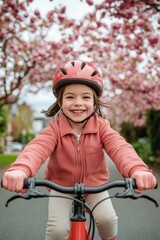 Naklejka premium Vibrant Spring Cycling Young Indian Girl on Eco-Friendly Bicycle in Blooming Urban Landscape - Kids Outdoor Fitness and Sustainable Family Commuting Inspiration