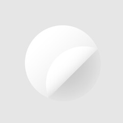Round adhesive sticker with folded edge. White paper circle with shadows and realistic texture. Empty mockup for any notes. Vector illustration