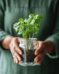 Biophilic Kitchen Design Plus-Size 35-Year-Old Black Woman with Herb Cuttings in Glass Jar - Sustainable Garden Lifestyle and DIY Content for Eco-Friendly Home Gardening