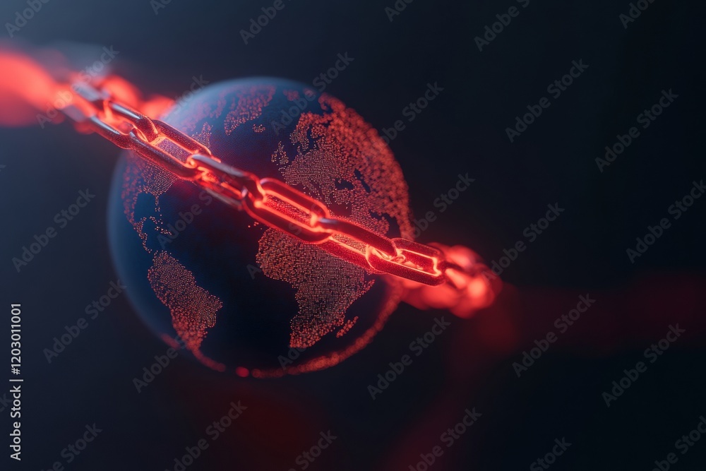 Poster neon tech aesthetic breaking digital chains around globe - symbolic art for internet freedom campaig
