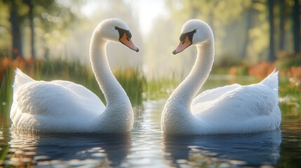 Fototapeta premium Swans form heart shape in misty morning pond, sunlit forest background