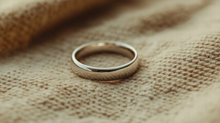A silver ring sits on a beige cloth