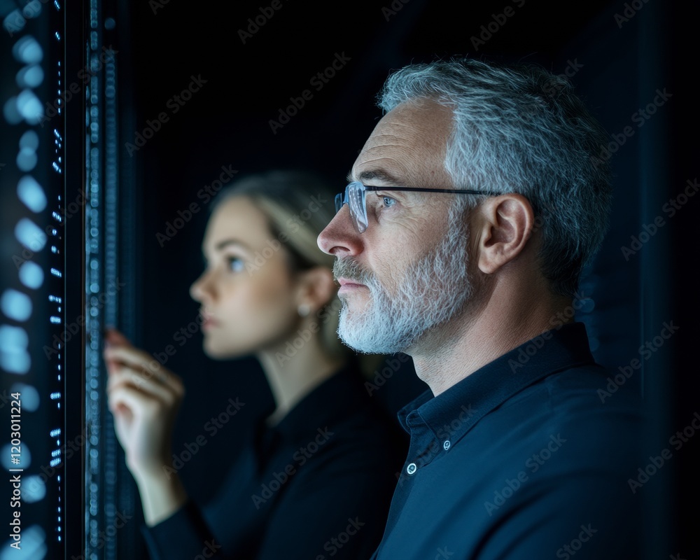 Poster network security analytics tech professionals analyzing data in a modern server room with ambient li