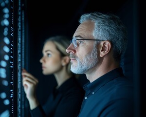 Network Security Analytics Tech Professionals Analyzing Data in a Modern Server Room with Ambient Lighting - Corporate IT Solutions for Enhanced Data Protection and Innovation