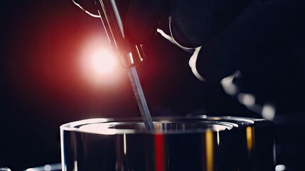 Mechanic checking the fit of a piston within the cylinder bore using a feeler gauge.