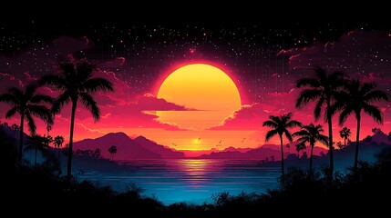 Tropical sunset beach landscape, vibrant colors, calm ocean, island silhouette, travel postcard