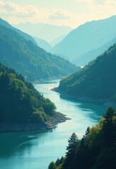 Obraz premium River flows between tree covered mountains