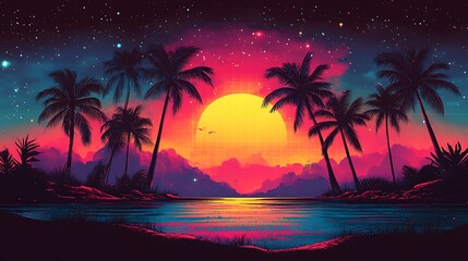 Obraz premium Tropical sunset beach, palm trees, starry sky, calm ocean. Use Vacation poster