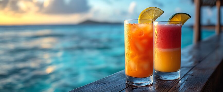 Tropical sunset cocktails ocean view. Vacation drinks