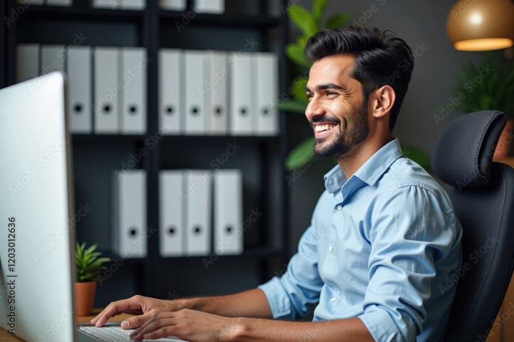 Poster confident young man working on computer in modern office with proper desk setup and organized files,