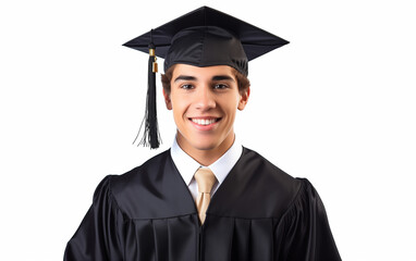 Portrait of a smiling young male college student wearing square academic cap and holding book, isolated on white background
