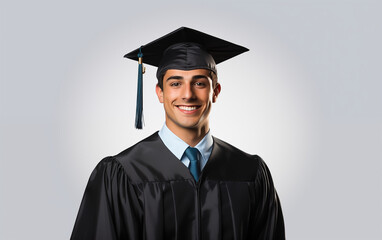 Portrait of a smiling young male college student wearing square academic cap and holding book, isolated on white background