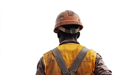 Obraz premium A construction worker seen from behind, wearing an orange hard hat and a reflective safety vest with yellow and gray stripes.