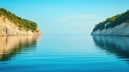 Fototapeta premium Serene Coastal Inlet Between Verdant Cliffs and Calm Water