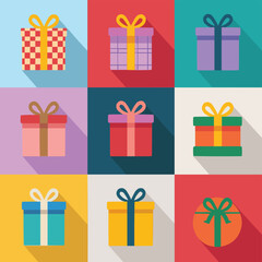 A Colorful Grid of Nine Festive Gift Boxes with Unique Designs