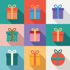 Nine Vibrant Gift Boxes in Artistic Grid Layout with Unique Designs