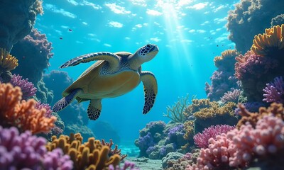 Sea turtle swimming over coral reef with sun rays shining