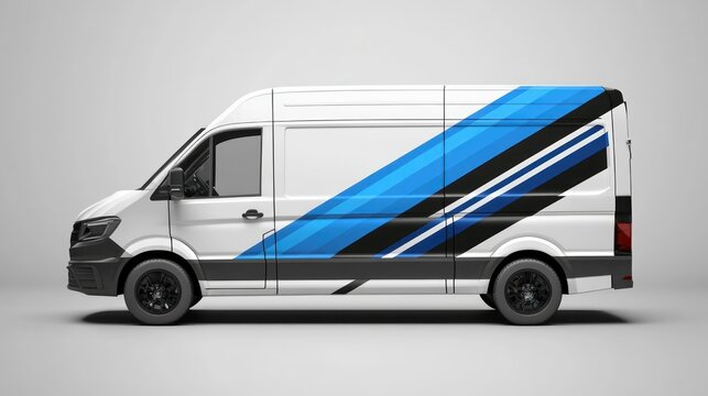 A sleek van mockup with bold blue abstract stripes wrap, designed for livery branding in racing car and van services. 
