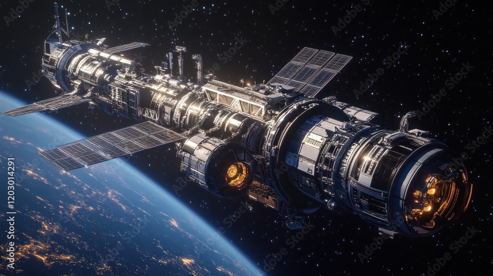 Poster advanced spacecraft orbiting earth in deep space